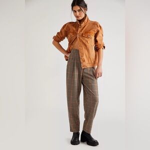 Free People Plaid High Waist Cropped Pants Preppy Button Front Tailored Size M